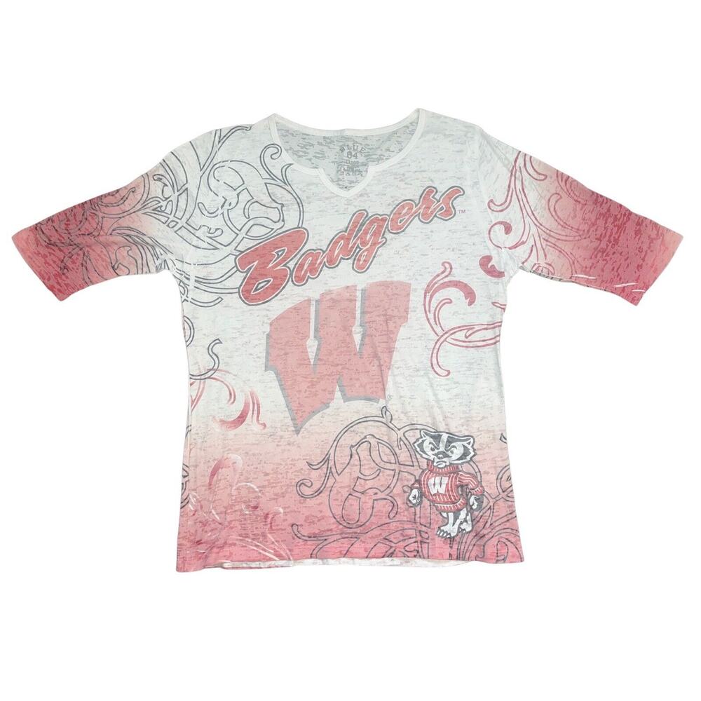 Wisconsin Badgers Women's Burnout Shirt‎ Size Large Red & White NCAA Apparel EUC